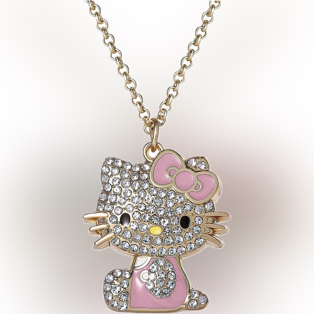 🎀Hello Kitty Sanrio Crystal Pendant Necklace Gold-Tone with Pink Enamel Accents